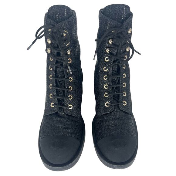 Chanel 2022 CC Logo Glitter Combat Boots Black Runway Virginie Viard 38.5 - Picture 7 of 16